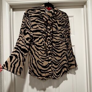 Sunny Leigh Women’s Tan and Black Zebra Print Crinkle Ruffle Front Top Size XL